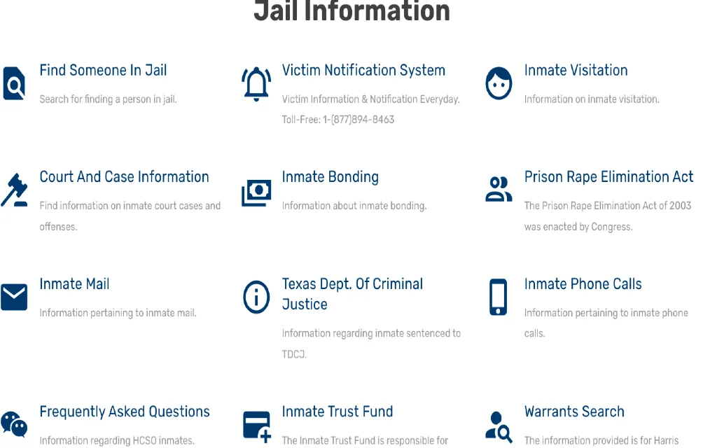 Texas jail information website screenshot with links to jail-related resources. 