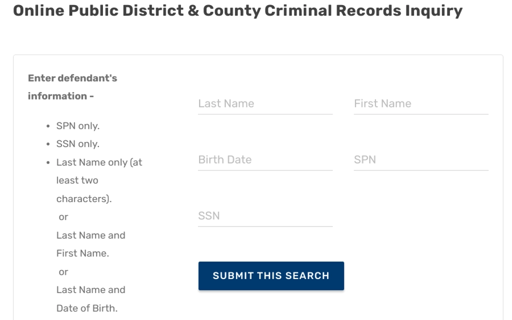 Texas online district and county website search function to find free Texas marriage records within the courthouse database with a blue submit button for searching various counties.