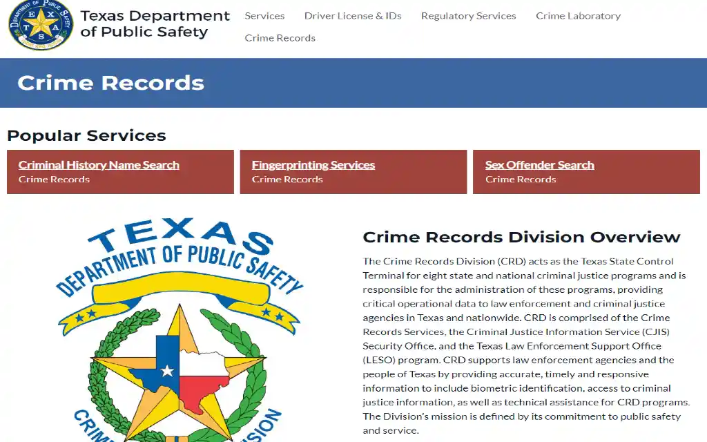 Free Texas warrant check website screenshot of Texas Department of Public safety crime records services and explanation overview with Texas Dept of Public Safety Seal. 