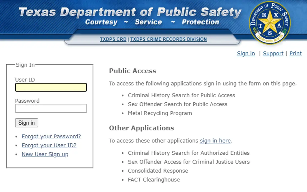 Texas Department of Public Safety website search function to find free Texas warrant search and criminal records within the DPS database. 