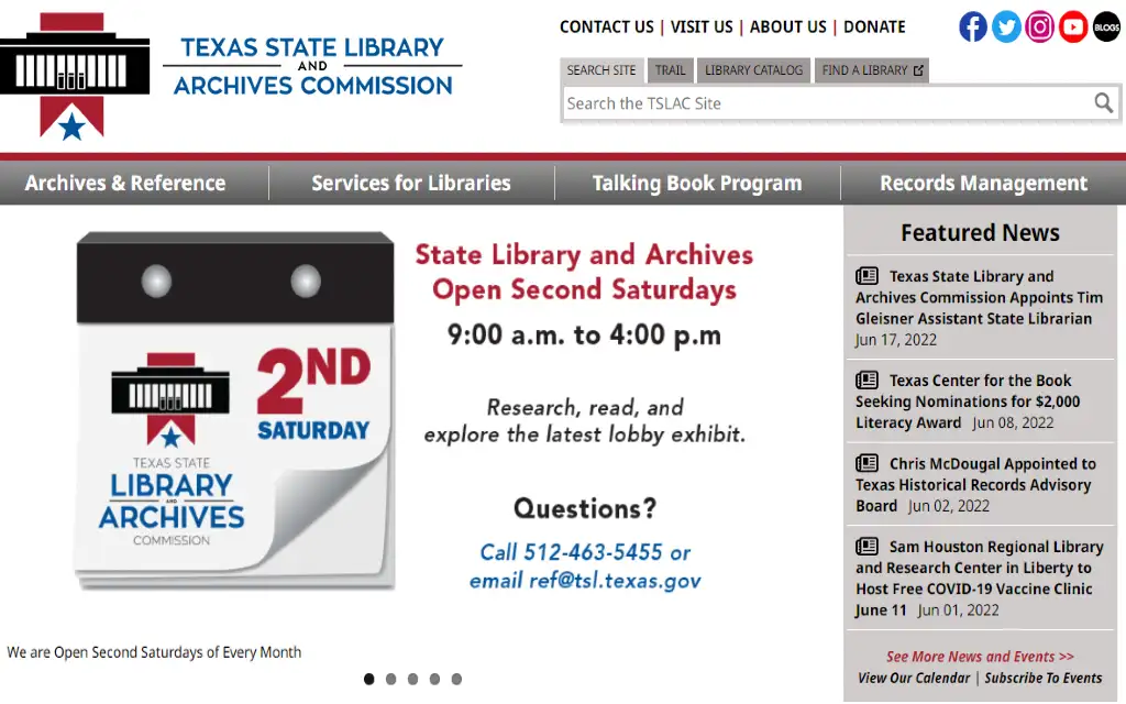 Texas State Library and Archives Commissions website screenshot with contact info to find free Texas divorce records within the archives. 