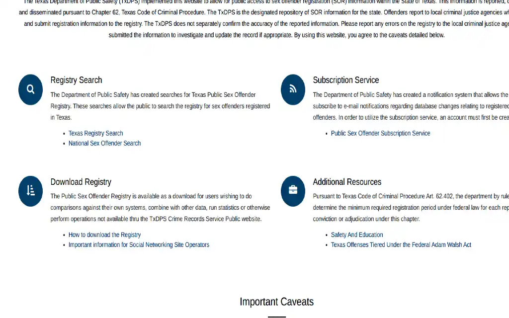 Screenshot of Texas sex offender registry options and resources for finding state offenders in Texas. 