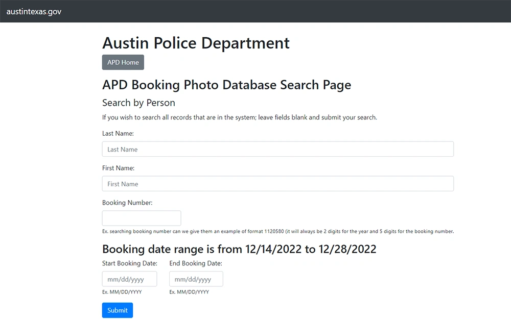 A screenshot from Austin Texas police department website showing the database search page.