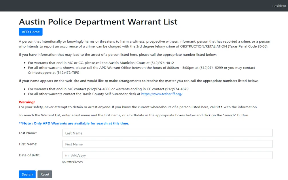 A screenshot from Austin Texas police department website showing the warrant search page.