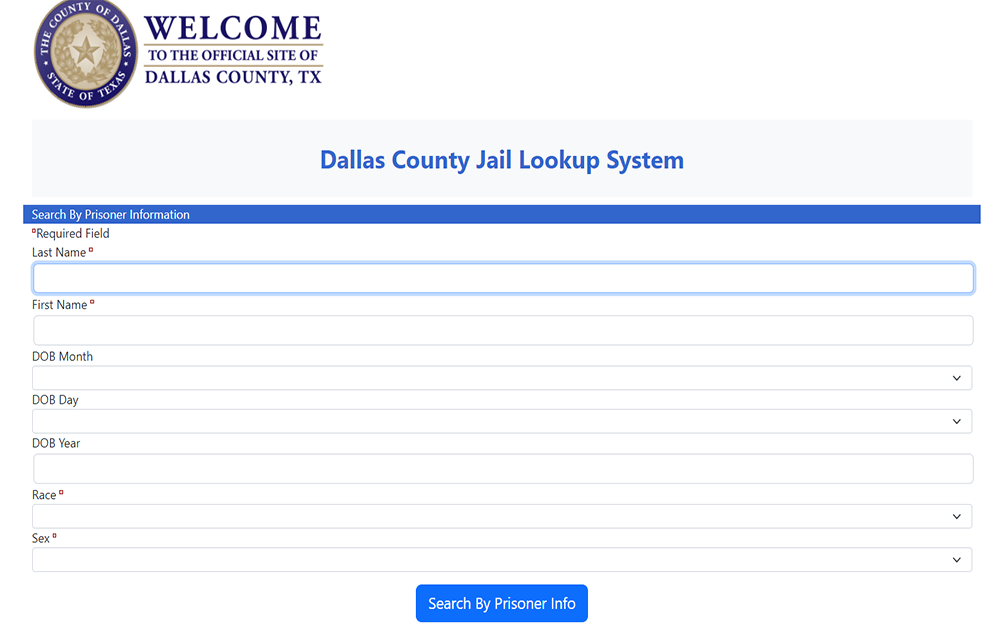 A screenshot from the official website of Dallas County showing the Dallas County jail look up system search bars.