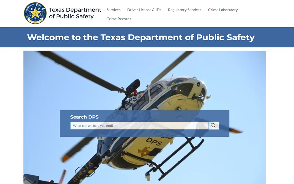 A screenshot from Texas Department of Public Safety home page showing a search bar.
