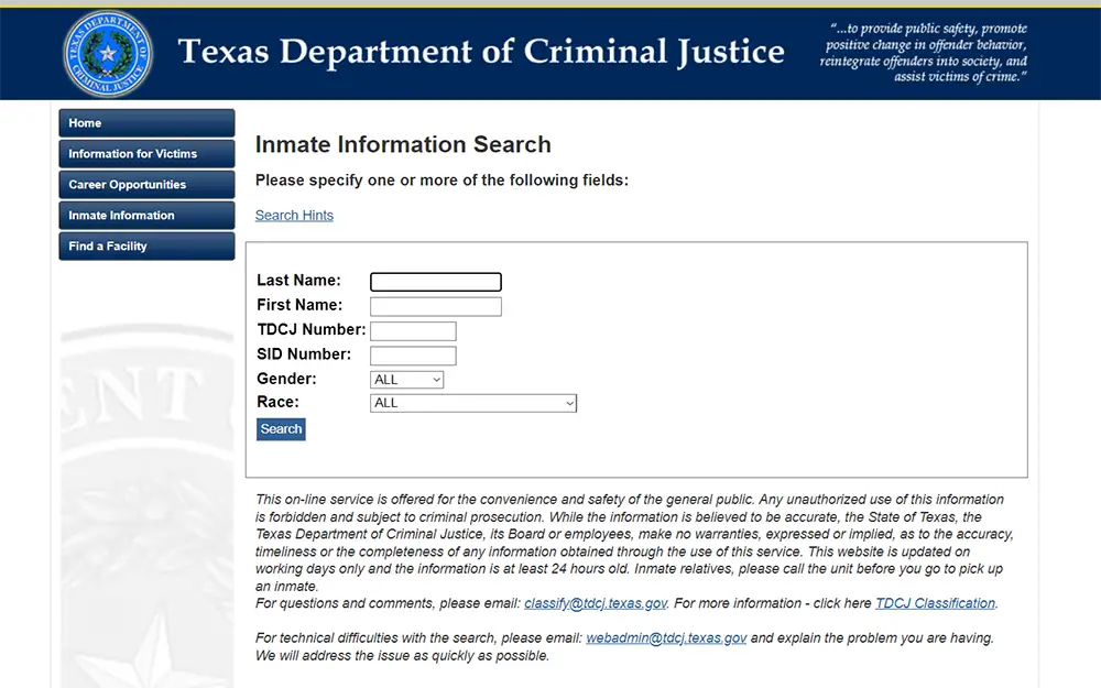 A screenshot from Texas Department of Criminal Justice website showing inmate information search page.