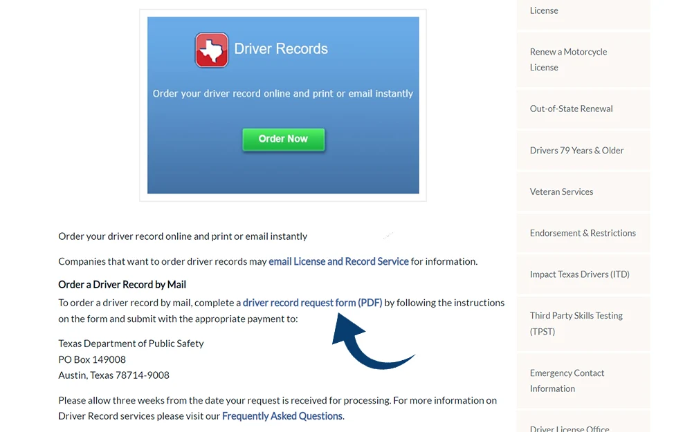 A screenshot from Texas Department of Public Safety, how to order a driver record page with an arrow pointing to the driver record request form.