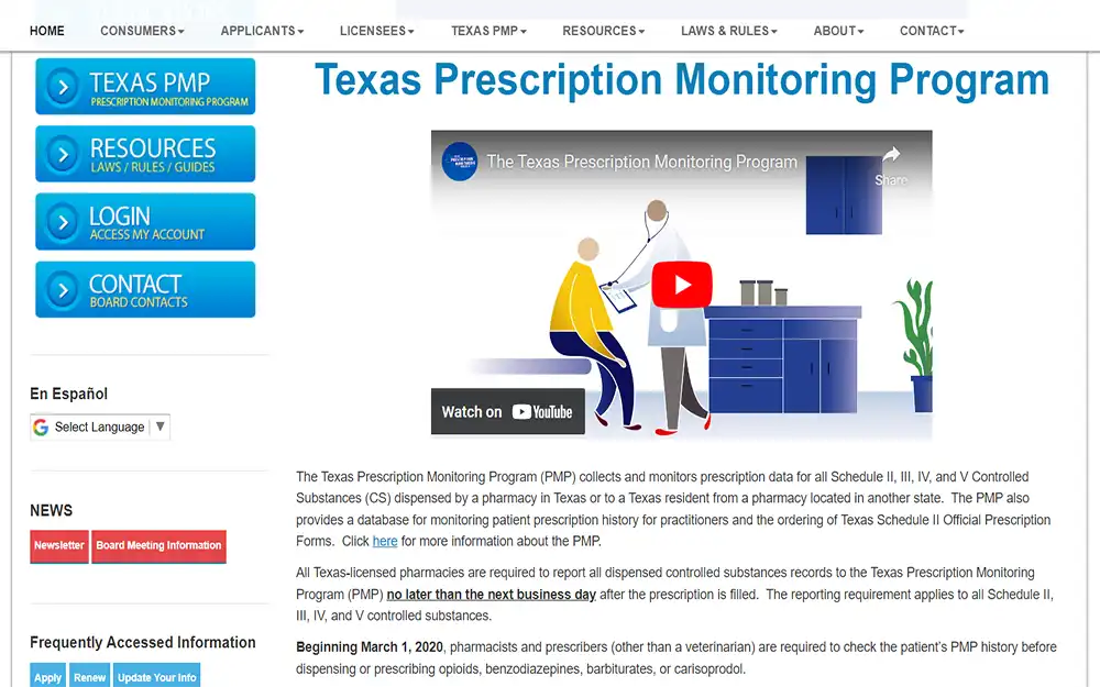 A screenshot from Texas prescription monitoring program website showing a Youtube video and other useful information.