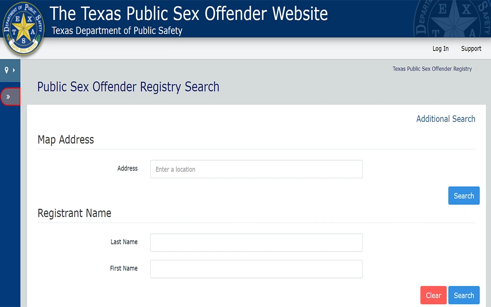 A screenshot from Texas Public Sex Offender website showing the registry search page.