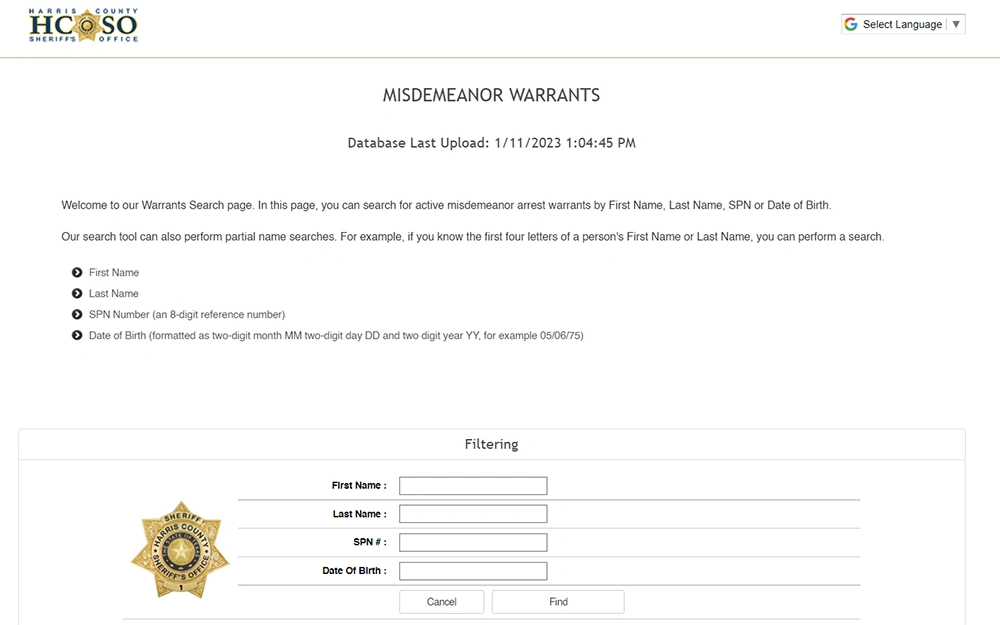 A screenshot from Harris County Sheriff Office website showing warrants search page.