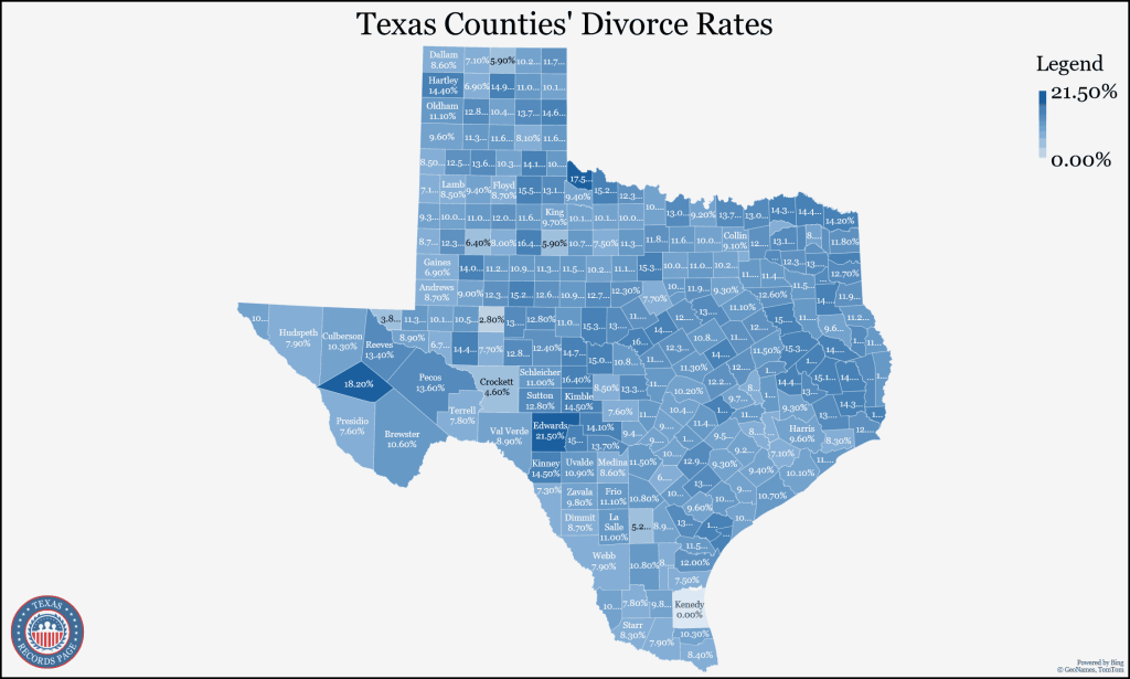 An image showing the divorce rates (5-year estimates in 2021) of every Texas counties presented through a map.
