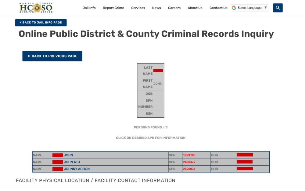 A webpage interface showing a search result summary from a sheriff's office online inquiry system, listing multiple entries with names and associated identification numbers, along with dates of birth and a navigation option to obtain more detailed information.