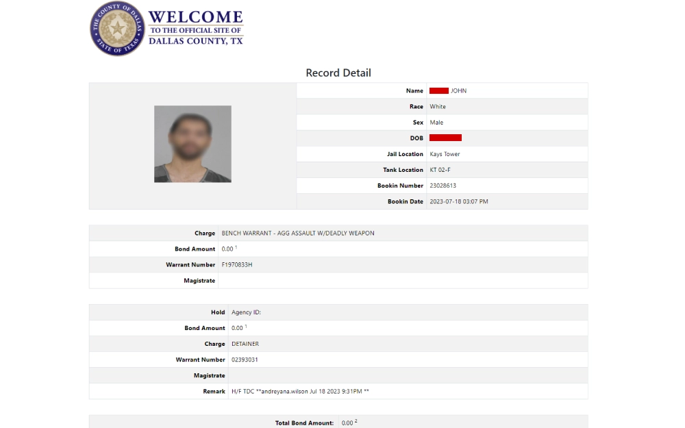 A detailed record from the official site of Dallas County showing an individual's information including a photograph, name, race, sex, date of birth, jail location, tank location, booking number, date, charge, bond amount, warrant number, and magistrate details.