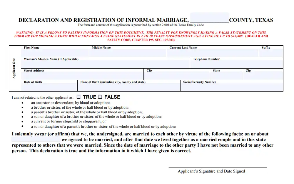 Screenshot of a section of a declaration form with fields to fill such as the county, applicant's basic and contact information, and signatory.