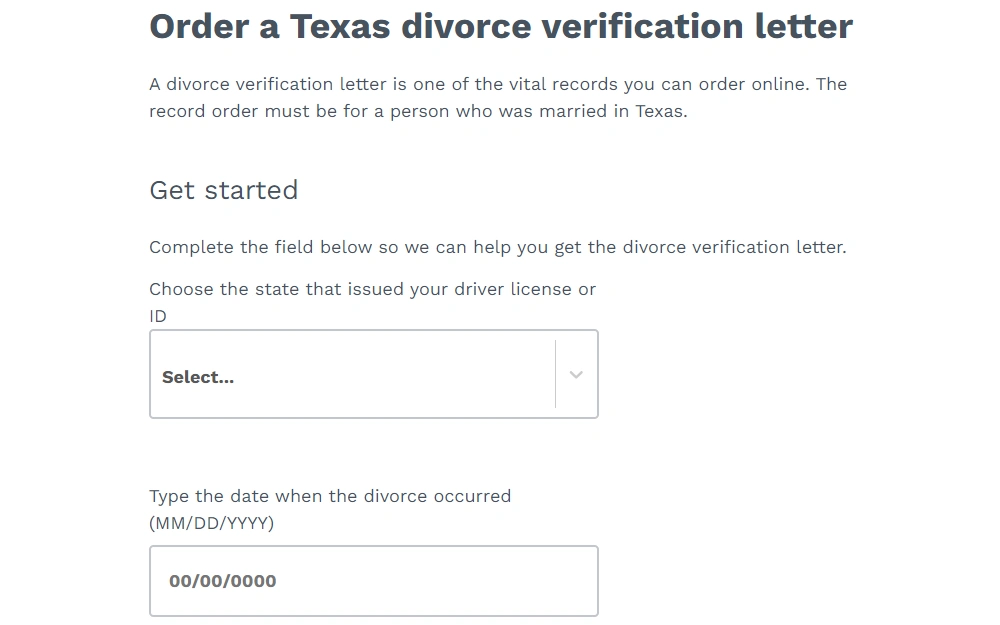 Screenshot of the first part of online order form for verification letter showing fields for state that issued the requestor's ID and the date of divorce.