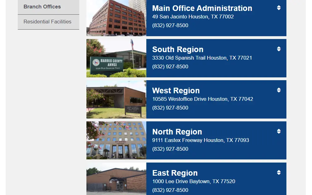 Screenshot of the branch offices location of Harris county, showing the address and office façade.