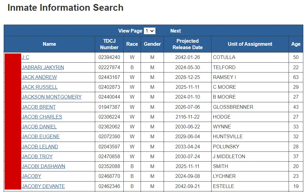 A screenshot of the search results for inmate information listing their name, TDCJ number, projected release date, unit of assignment, and other basic information.