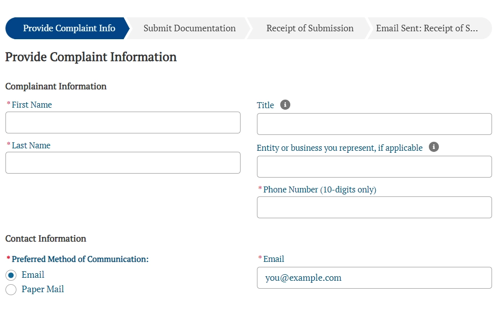 Screenshot of the first part of the online complaint form for open records overcharging with fields for the name and contact information of the complainant.