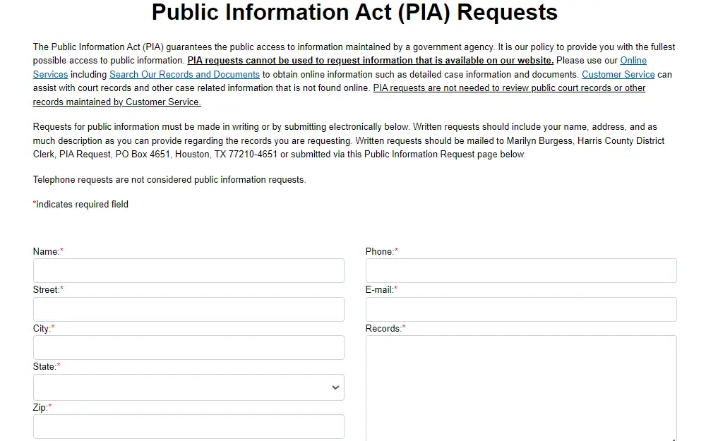 Screenshot of the public information act request form with fields for the name, address, and contact details of the requestor, and the records requested.