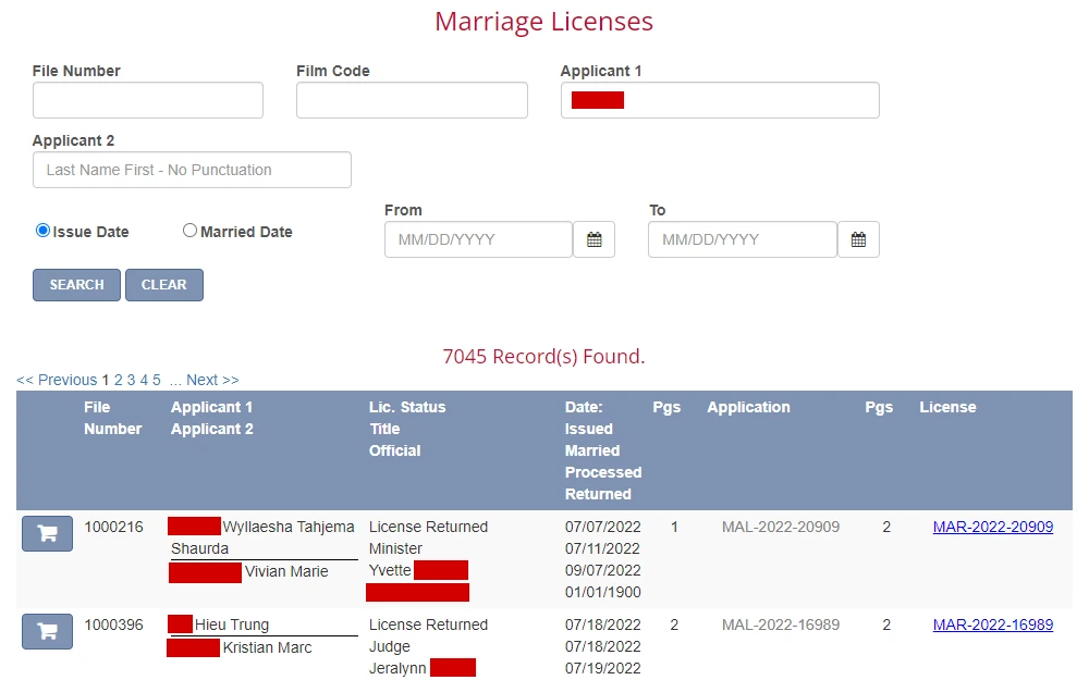 A screenshot of the document search tool and results displaying the records of marriage licenses in Harris County, including the applicants' names, license numbers, license status, dates of events, file number, and an option to purchase.