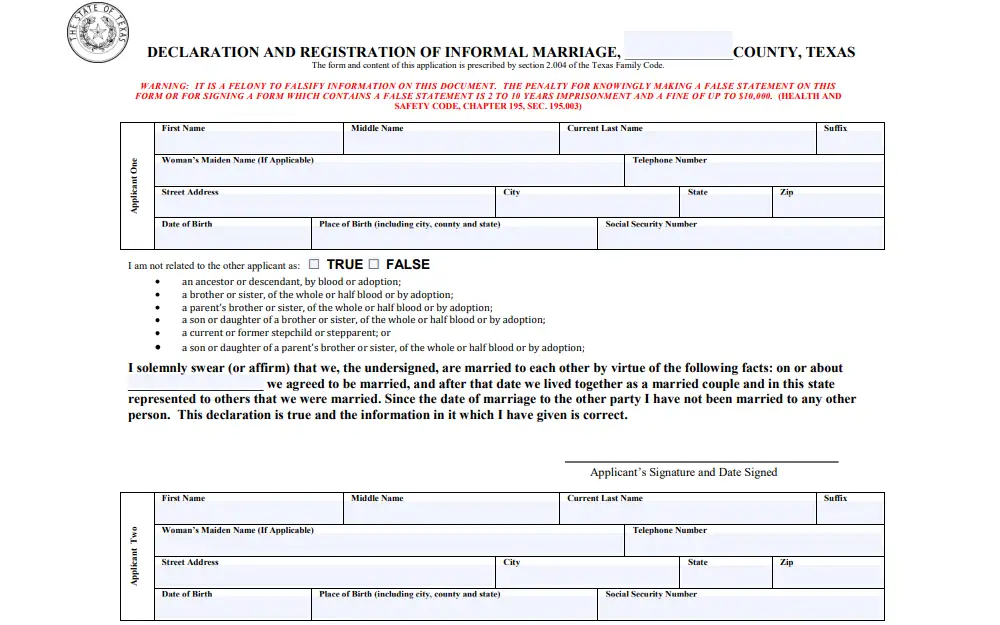Screenshot of the declaration and registration form for informal marriage in Texas containing fields provided for both applicants, including name, contact number, address, birth details, social security number, and signatory. 