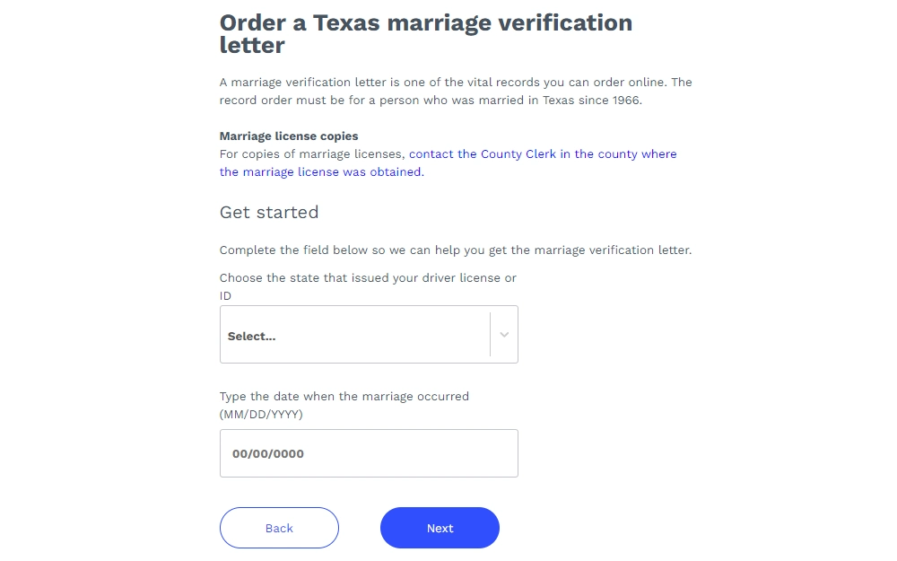 A screenshot of the first page of the online order form for verification letters showing drop down menus for the state the identification card was issued and date of marriage.