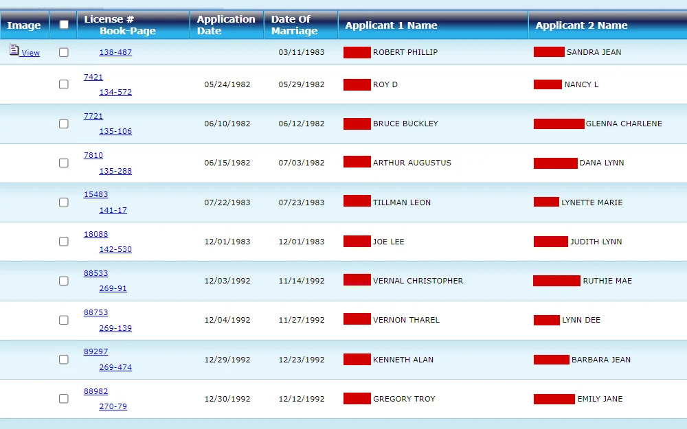 A screenshot of the results from the Travis County marriage search displaying the license number, names of both applicants and dates of marriage and application.