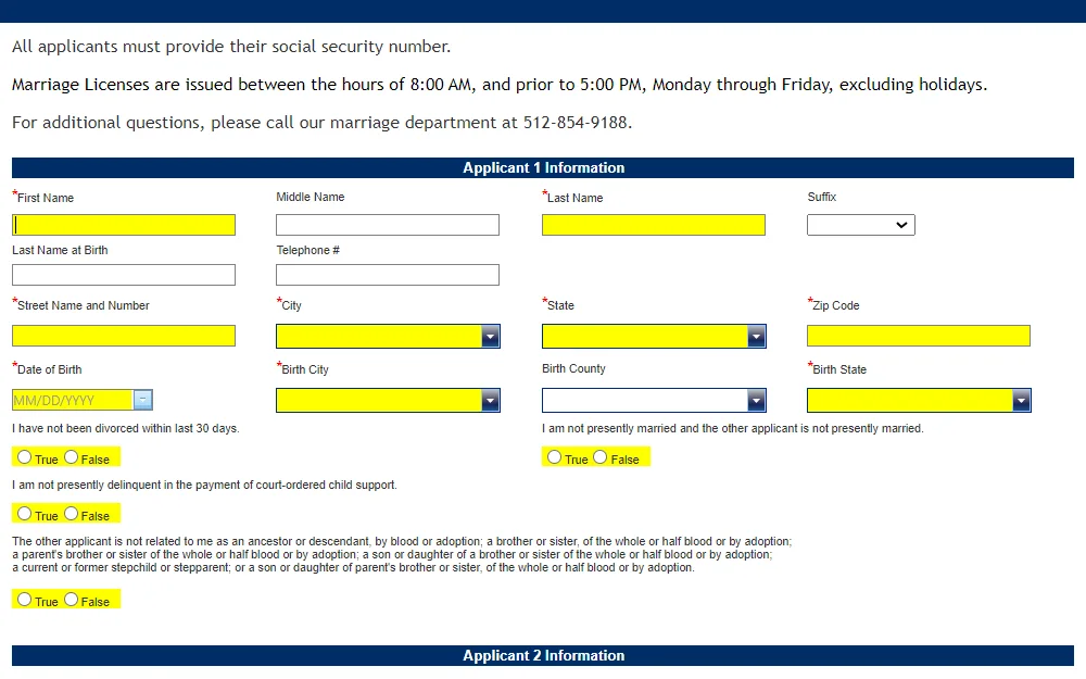 A screenshot of the online application form for marriage from Travis County Clerk web search portal displaying the last part of instructions and the section for applicant one containing fields for name, contact information, address, birth details, and a short questionnaire.