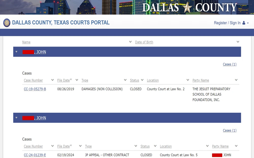 A screenshot from the Dallas County, Texas Courts Portal displays a list of legal cases associated with an individual, with details such as case numbers, filing dates, types of cases, statuses, locations, and involved parties.