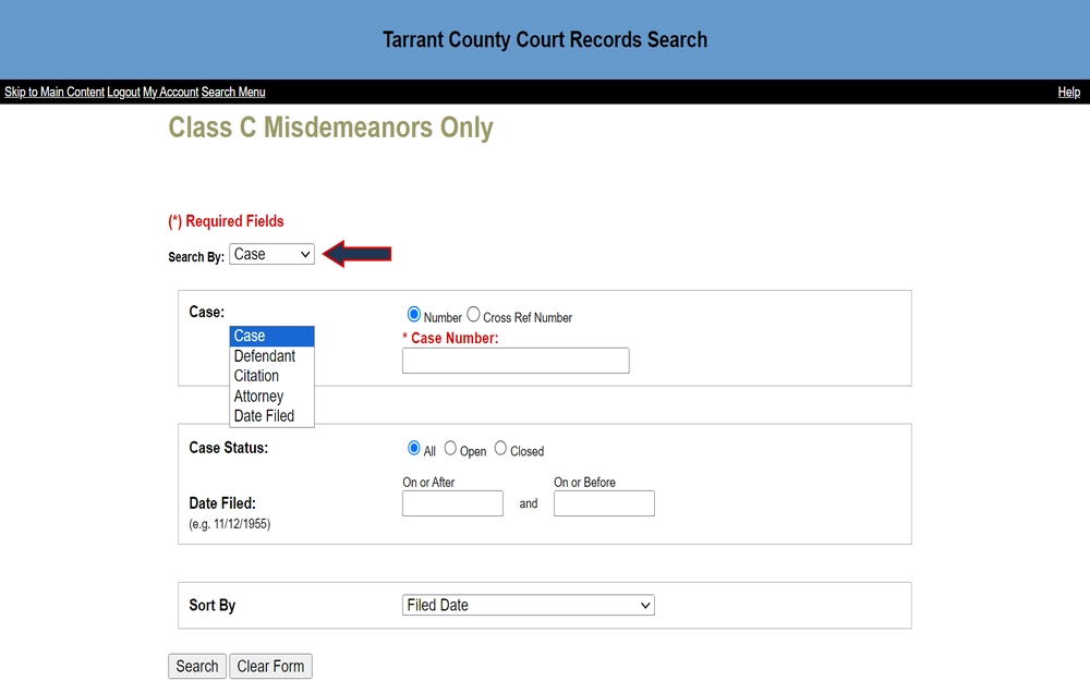 A screenshot from the Tarrant County Court records database, focusing on lesser criminal offenses, with options to search by case number, defendant, and other criteria, and to filter results by case status and filing date.