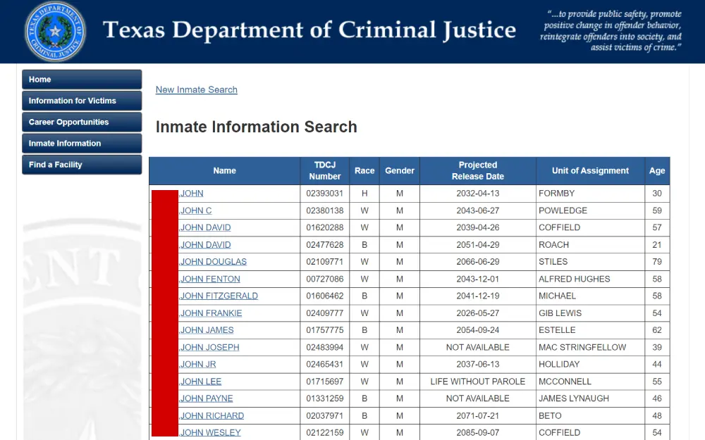 A screenshot from the Texas Department of Criminal Justice showing a list of incarcerated individuals, with columns for names, identification numbers, race, gender, projected release dates, units of assignment, and ages.