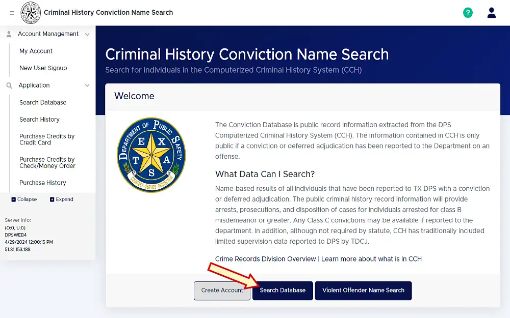 A screenshot from the Texas Department of Public Safety website shows a search function to find criminal history convictions by name search.