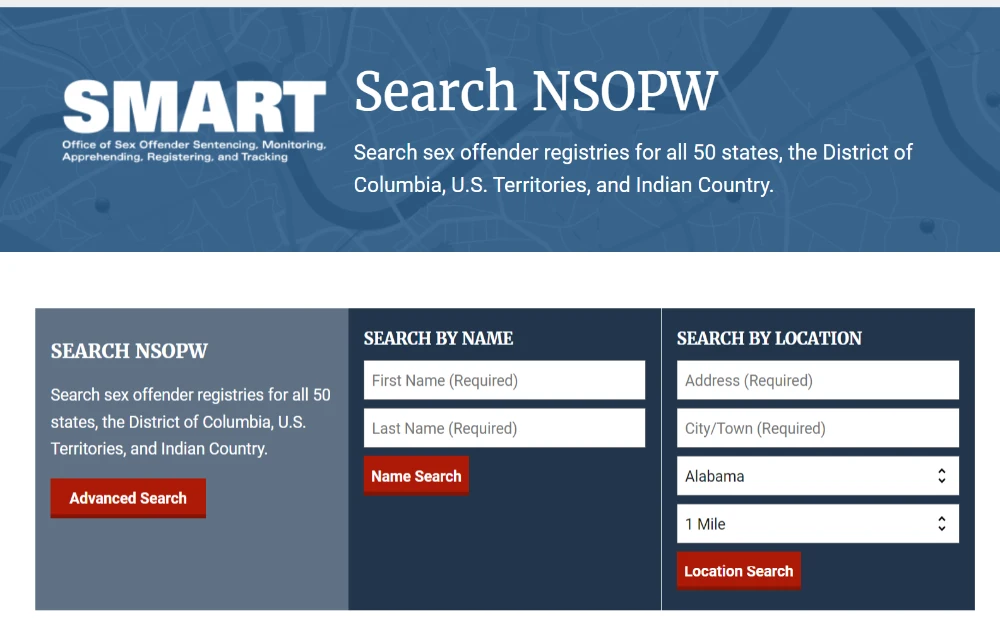 A screenshot of the National Sex Offender Public Website displaying a sex offender search by name (first and last name) or location (address, city, and town).