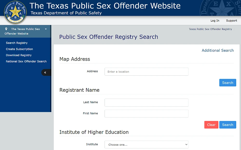 A screenshot showing a public sex offender registry search from the Texas Department of Public Safety website, with criteria such as map address, registrant name, and institute of higher education.