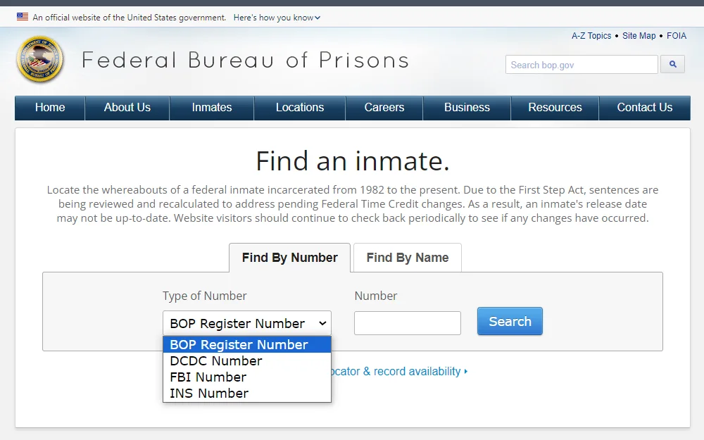 A screenshot of the inmate locator by number from the Federal Bureau of Prisons displays the drop-down for the type of number with options for BOP register, DCDC, FBI, and INS numbers.