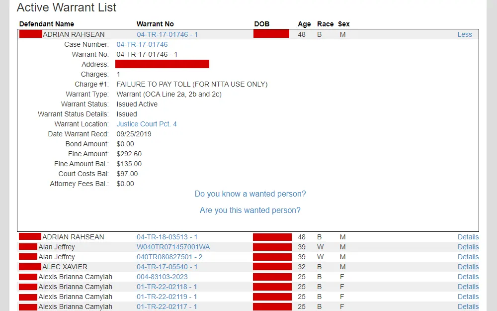 A screenshot of the active warrant search results from the website of Collin County lists offender name, warrant number, date of birth, age, race, and sex, with the first offender's information expanded, including case number, address, charges, warrant type, status, status details, location, recorded date, bond amount, fine amount, fine balance amount, court costs balance, and attorney fees balance.