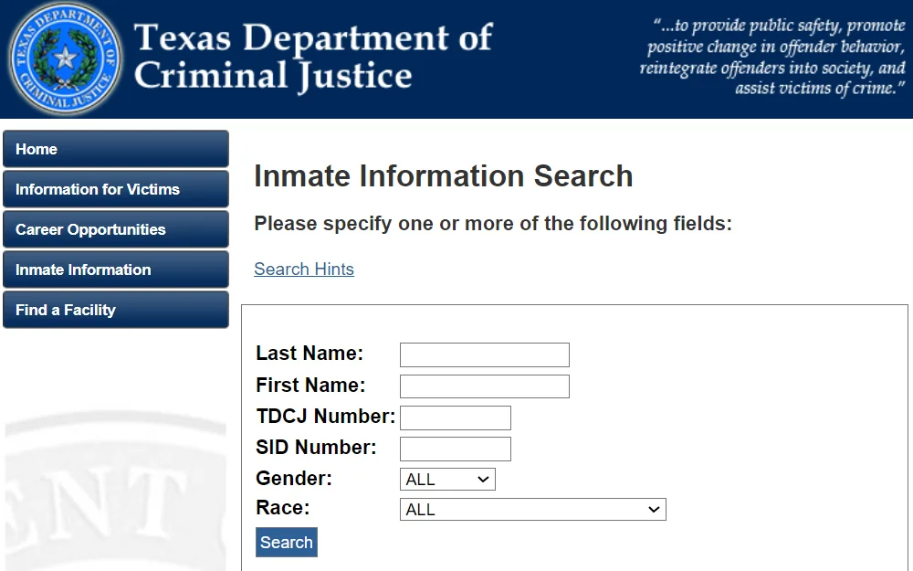 A screenshot from the website of the Texas Department of Criminal Justice displays their inmate information search tool with input fields for last name, first name, TDCJ number, and SID number, and drop-down menus for gender and race.