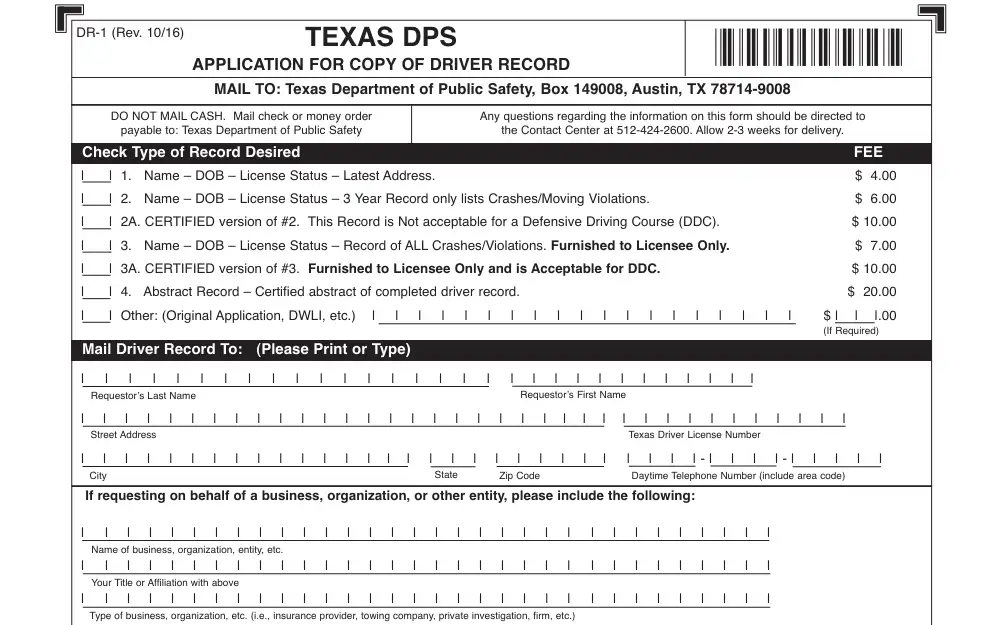 A screenshot from the Texas Department of Public Safety displays the request for a driver record copy, asking for the type of record desired and requestor information such as name, address, and contact number.