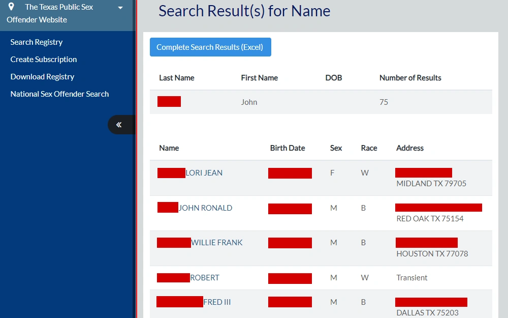 A screenshot from the Texas Department of Public Safety's Sex Offender Search displays the results in a table with the following information: name, birth date, sex, race, and address, with a side panel containing links related to the registry.