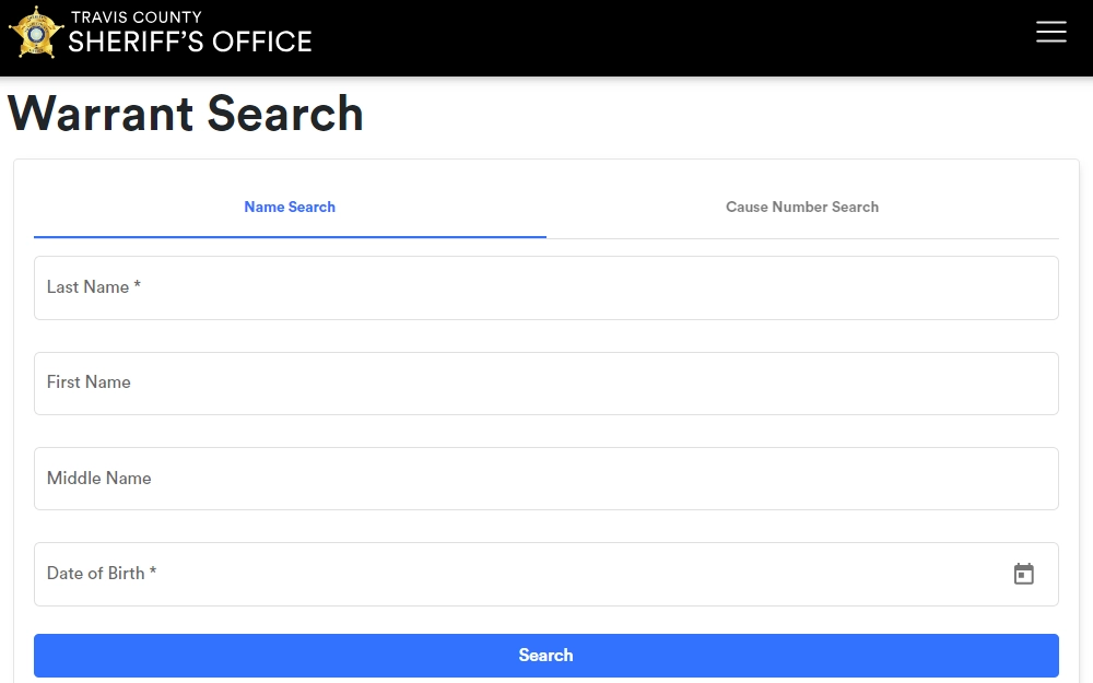 A screenshot of the warrant search tool provided by the Travis County Sheriff's Office displays input fields under "Name Search," including last name, first name, middle name, and date of birth.